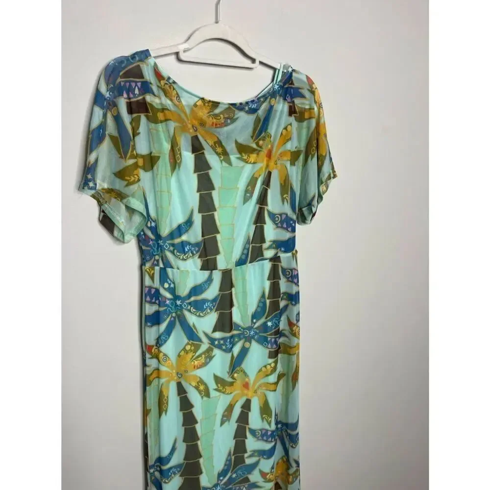 Never Fully Dressed Tilly off asymmetric mesh maxi dress in blue palm print New